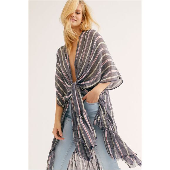 Free People-  There She Goes Ruffle Stripe Kimono - Denim - OS - Picture 1 of 8